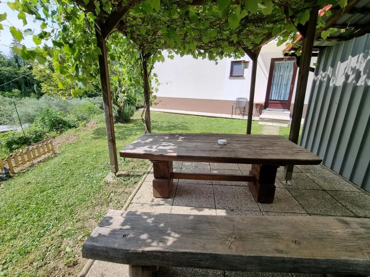 Velika lesena miza pod pergolo na vrtu ob apartmaju z razgledom na reko